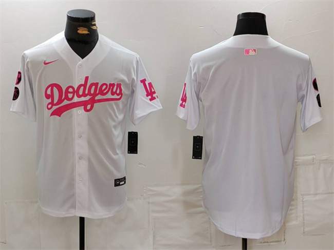 Men's Los Angeles Dodgers Blank White/Pink Vin & Kobe Patch Stitched Baseball Jersey Men's Los Angeles Dodgers Blank White/Pink Vin & Kobe Patch Stitched Baseball Jersey